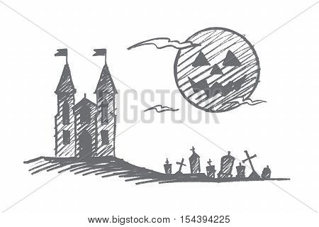 Vector hand drawn Halloween concept sketch. Halloween castle on hill, cemetery with graves and memorials and big full moon with scary face in sky