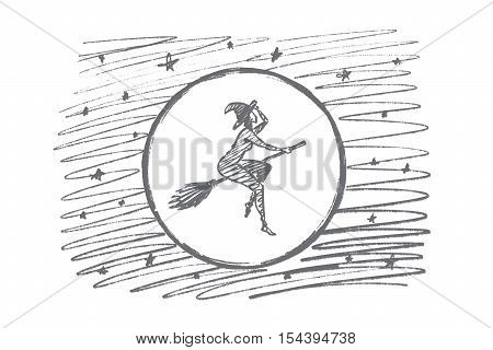 Vector hand drawn Halloween magic woman concept sketch. Halloween naked woman in cap flying on broom stick in sky in front of big full Moon