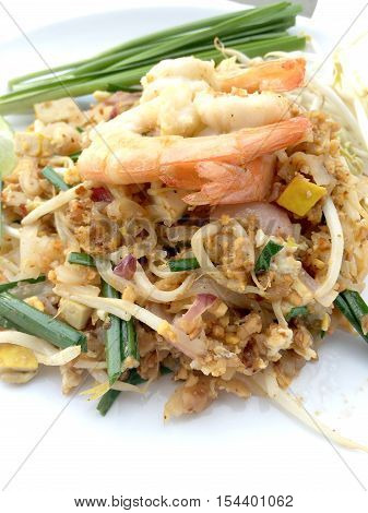Pad Thai, Stir-fried Rice Noodles With Shrimp In White Dish On White Background. The One Of Thailand