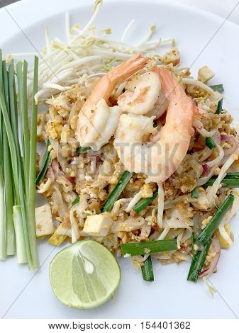 Pad Thai, Stir-fried Rice Noodles With Shrimp In White Dish On White Background. The One Of Thailand