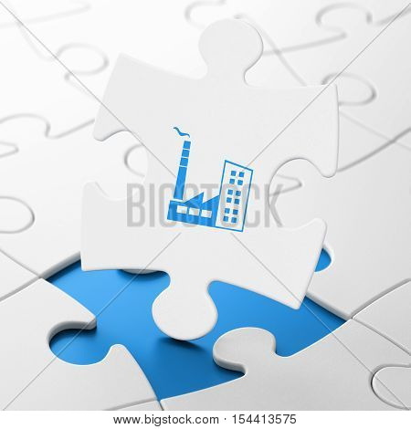 Manufacuring concept: Industry Building on White puzzle pieces background, 3D rendering