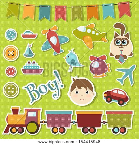 baby boy stickers and icons set with transport and animals