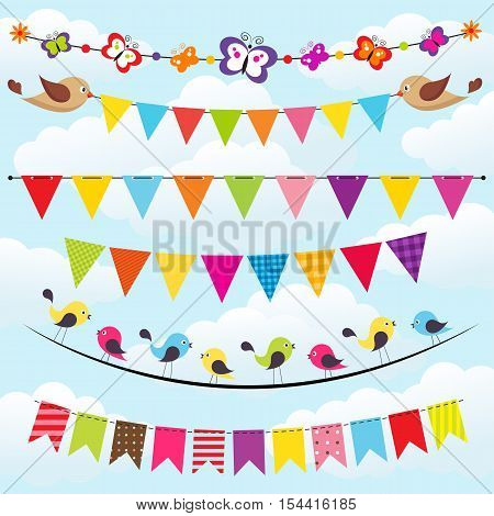 bunting and garland set with birds on the sky background
