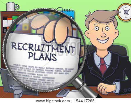 Recruitment Plans.  Businessman in Office Shows Concept on Paper through Lens. Multicolor Modern Line Illustration in Doodle Style.
