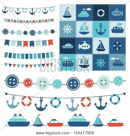 sea theme garlands and blue patchwork background