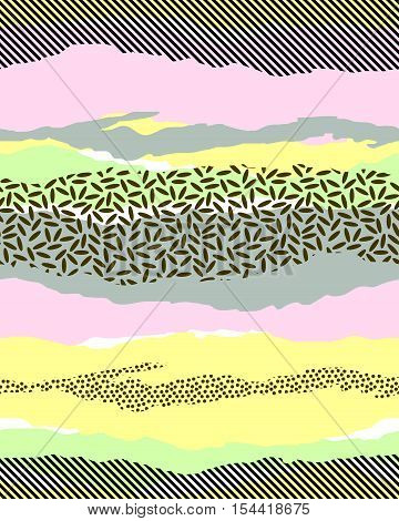 seamless colorful geo pattern. memphis trend. abstract uneven stripes of block colors and textures overlapping. For interior, upholstery, active wear