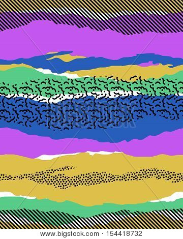 seamless colorful geo pattern. memphis trend. abstract uneven stripes of block colors and textures overlapping. For interior, upholstery, active wear