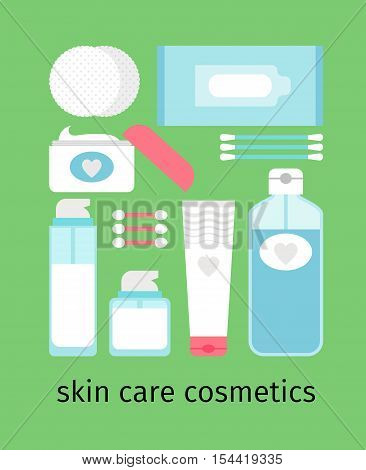 Skin cosmetics set, cream and cotton bud and lotion nupkins Vector illustration