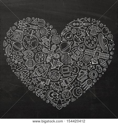 Line art vector hand drawn set of Spacel cartoon doodle objects, symbols and items. Heart form composition