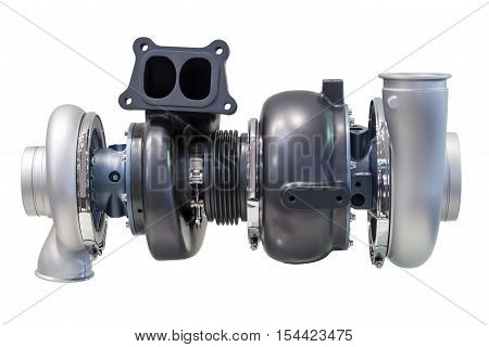 Automotive twinturbo supercharger from a truck isolated over white background