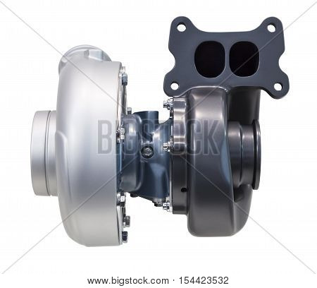 Automotive turbocharger from a truck isolated over white background