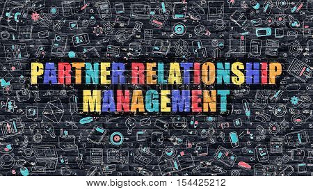 Partner Relationship Management. Multicolor Inscription on Dark Brick Wall with Doodle Icons. Partner Relationship Management Concept. Modern Style Illustration with Doodle Icons.