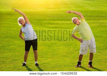 Senior couple doing exercise. Man and woman on meadow. Few sets of side bends. Do fitness and save health.