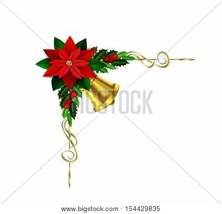 Christmas corner element decoration with evergreen treess holly and berries and poinsettia isolated with golden bell