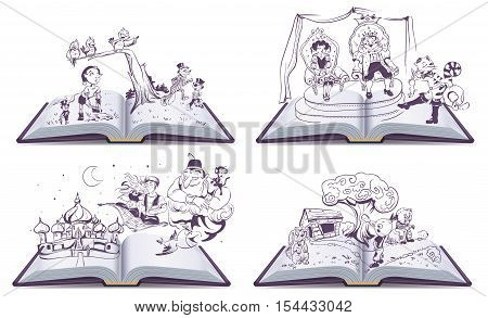 Set Open book illustration tale story of Pinocchio, Cipollino, Alladin and Puss in Boots. Vector cartoon