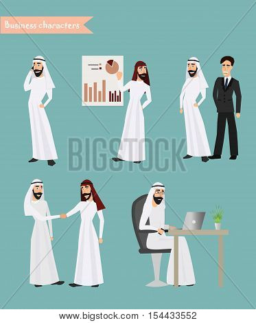 Retro Vintage Successful Arab Businessman Working Set Traditional National Muslim Clothes Cartoon Characters Icon Stylish Background Retro Cartoon Design Vector Illustration