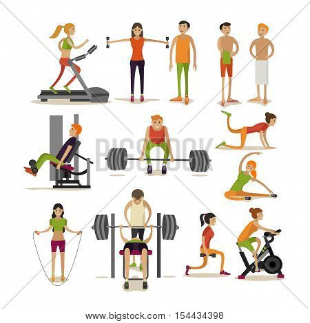 Vector set of people in gym characters isolated on white background. Fitness and workout exercise in gym. Icons in flat style isolated on white background.