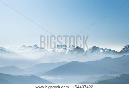 Hills during sunrise in mountain valley. Beautisul natural landscape