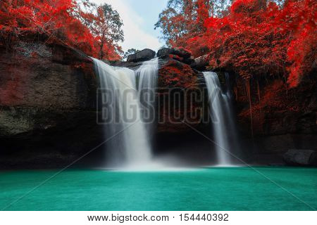 Amazing Beautiful Waterfalls In Autumn Forest At Haew Suwat Waterfall In Khao Yai National Park, Tha