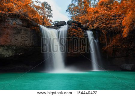 Amazing Beautiful Waterfalls In Autumn Forest At Haew Suwat Waterfall In Khao Yai National Park, Tha