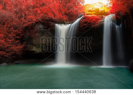 Amazing Beautiful Waterfalls In Autumn Forest At Haew Suwat Waterfall In Khao Yai National Park, Tha