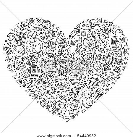Line art vector hand drawn set of Spacel cartoon doodle objects, symbols and items. Heart form composition