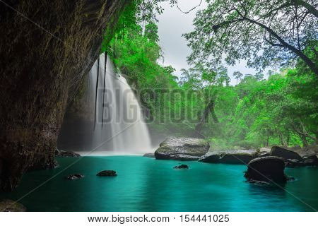 Amazing Beautiful Waterfalls In Tropical Forest At Haew Suwat Waterfall In Khao Yai National Park, T