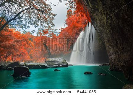 Amazing Beautiful Waterfalls In Autumn Forest At Haew Suwat Waterfall In Khao Yai National Park, Tha