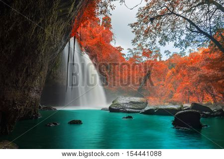 Amazing Beautiful Waterfalls In Autumn Forest At Haew Suwat Waterfall In Khao Yai National Park, Tha
