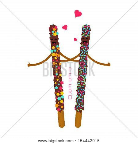 Pepero poster design template with South Korean chocolate sticks. Assorted biscuits covered with chocolate and festive sprinkles on white background. Food vector illustration.