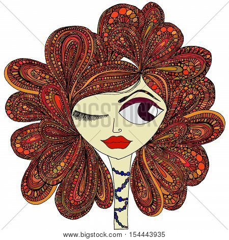 The girl with red hair. In the style of abstract elements
