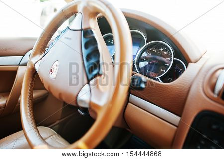 Hai, Ukraine - October 20, 2016: Porsche Cayenne Steeering Wheel