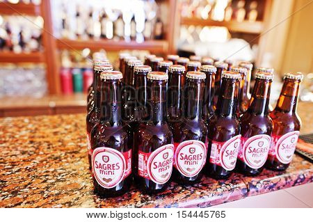 Hai, Ukraine - October 25, 2016: Sagres Mini Beer Bottles, Best Selling Portuguese Beers
