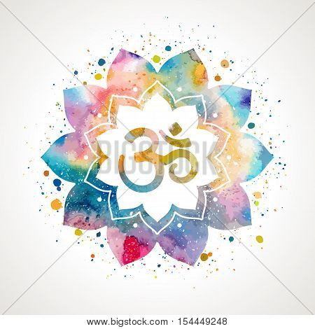 Om sign in lotus flower. Rainbow watercolor texture and splash . Vector isolated. Spiritual Buddhist, Hindu symbol