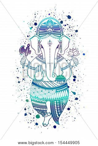 Ganesha, or Ganapati, Indian deity in the Hindu, in blue color isolated on a white background. Paint splash. Vector illustration for design of prints, web, festive, Chaturthi invitations.