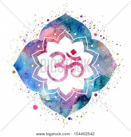 Om sign in lotus flower. Rainbow watercolor texture and splash. Vector isolated. Spiritual Buddhist, Hindu symbol