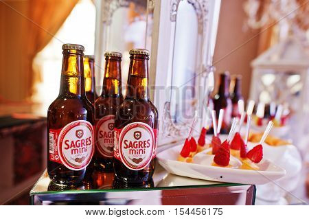 Hai, Ukraine - October 25, 2016: Sagres Mini Beer Bottles, Best Selling Portuguese Beers