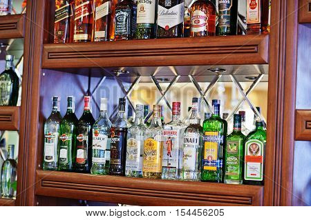 Hai, Ukraine - October 25, 2016: Several Types Of Bottled Alcohol Are Displayed On Some Shelves In A