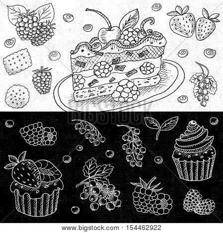 Set of chalk hand drawn, in sketch style, food and spices, black and white chalkboard background. Set with desserts: cake, cupcake, berries, currants, cream. Hand drawn vector illustration.