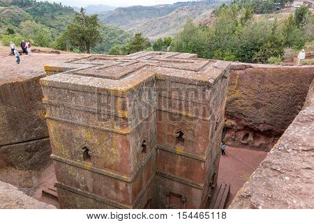 Lalibela Ethiopia - January 15 2016: The monolithic underground Sain George Orthodox church