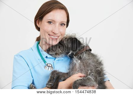 Studio Portrait Of Female Veterinary Surgeon Holding Lurcher Dog