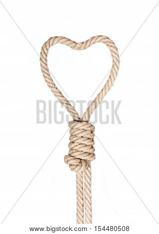 Hangman's noose in heart shape isolated on a white background, a symbol of death or love.