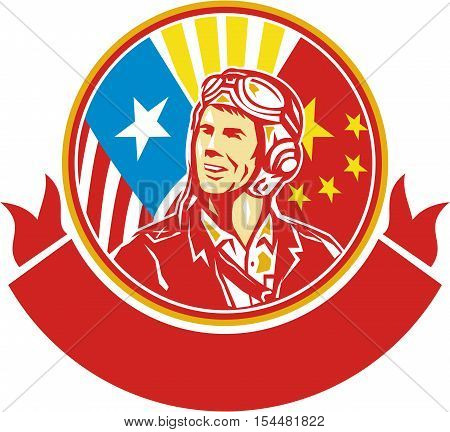 Illustration of a world war two pilot airman aviator smiling looking to the side with USA and China flags in the background in the background set inside circle done in retro style.