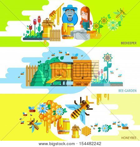 Colorful beekeping horizontal banners with beekeeper garden and honey elements in flat style vector illustration