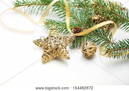 Christmas background. New year. 2017. tree, gold, cones, ornaments. White space place
