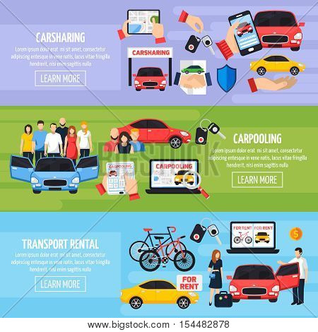 Carsharing horizontal banners set with carpooling symbols flat isolated vector illustration