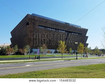 Washington DC, USA - October 16, 2016 - West side view of the Smithsonian National Museum of African American History and Culture (NMAAHC) that opened on September 24, 2016.
