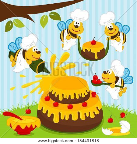 bees chefs prepare cake - vector illustration