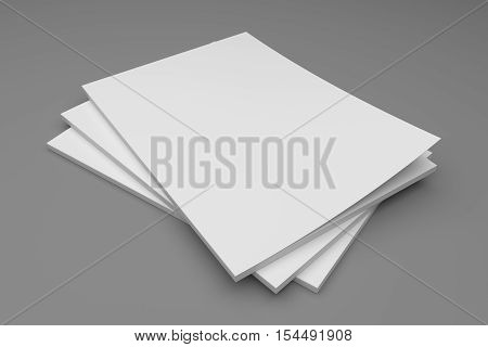 Blank empty stack of magazines or books on a gray background with shadows. 3D illustration mockup.