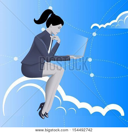 Cloud business concept. Pensive business woman in business suit with laptop in her hand sitting on the cloud and watching on the glowing laptop screen. Business in web thinking planning concept